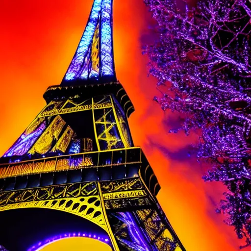 Prompt: Eiffel Tower covered in purple lovecraftian tendrils and glowing orange eyes