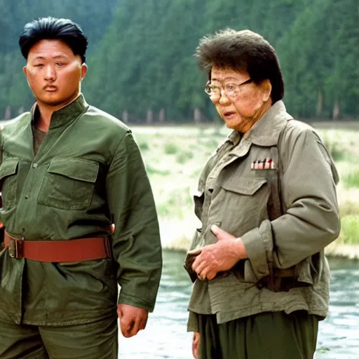 Image similar to a still of Rambo First blood with Kim Jong-il on the role of John Rambo