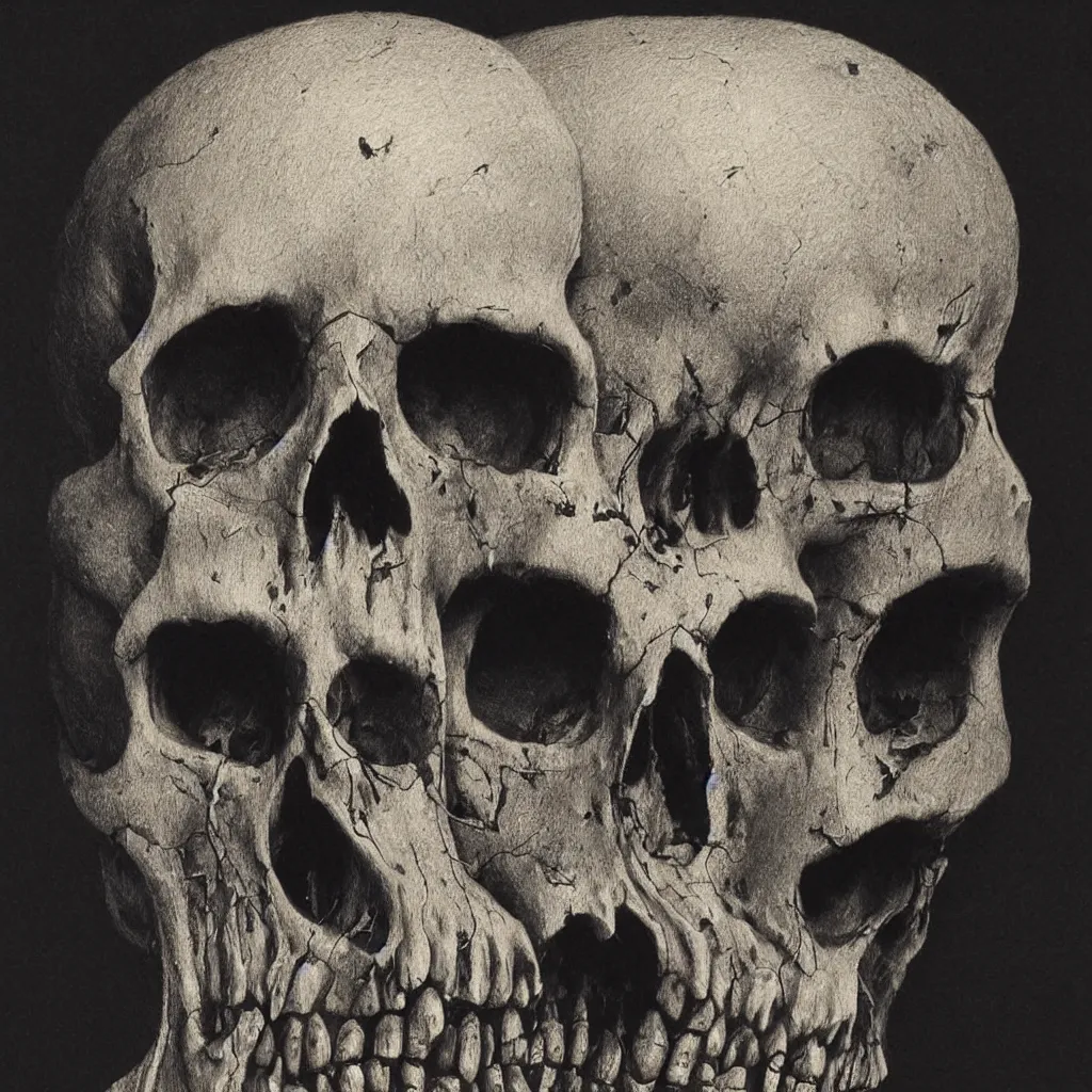 Image similar to a highly detailed skull done in the style of zdislaw beksinski