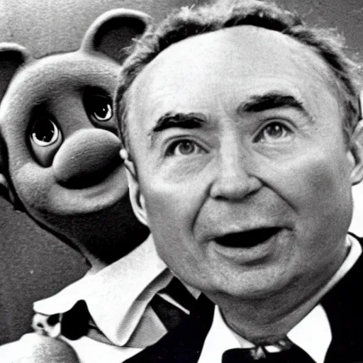 Image similar to color photo of robert oppenheimer debating with teletubbies