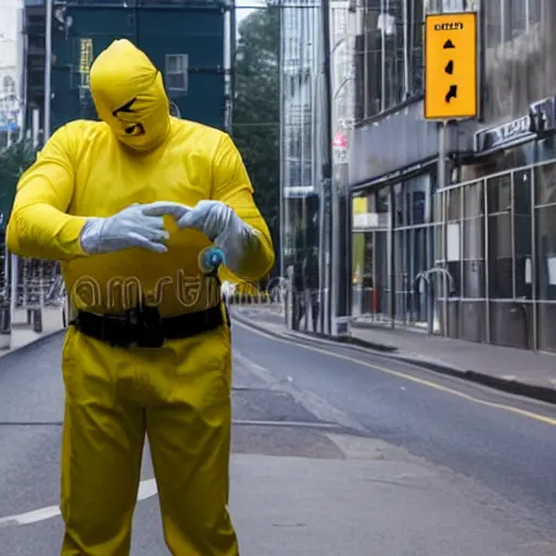 Image similar to A police officer wearing yellow rubber gloves, posing heroically, stock image