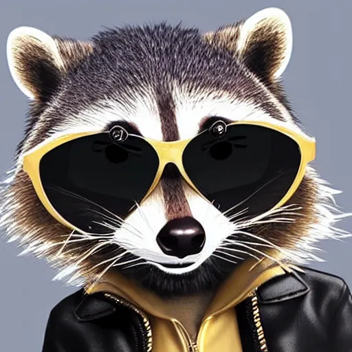 Prompt: raccoon with shades and a gold chain wearing a leather jacket