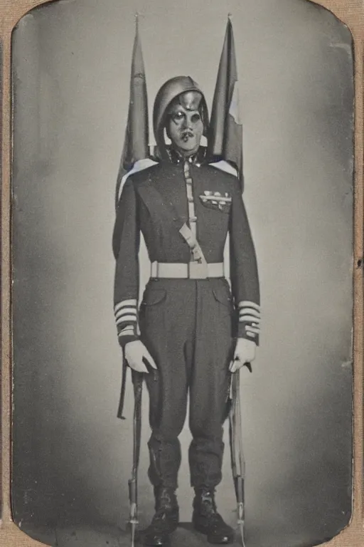 Image similar to 1 9 4 0 s daguerreotype of portrait of an alien in a world war ii marshal's outfit, ornate, illustration, full body, military,