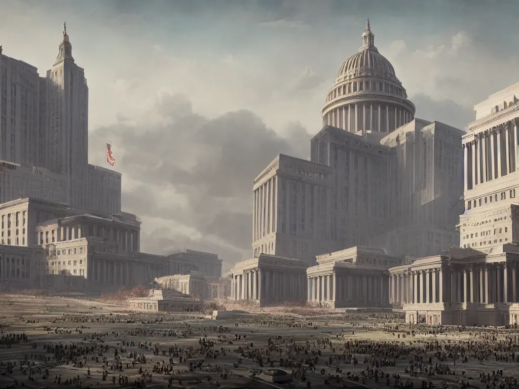 Image similar to matte painting by fan wennan. future capitol of the american communist party shining in the sun after the triumph of socialism in america, hyperdetailed, cinematic, photorealistic, hyperrealism, masterpiece, future communist governmental architecture, statue, imposing, strength, abundance. america 2 0 9 8