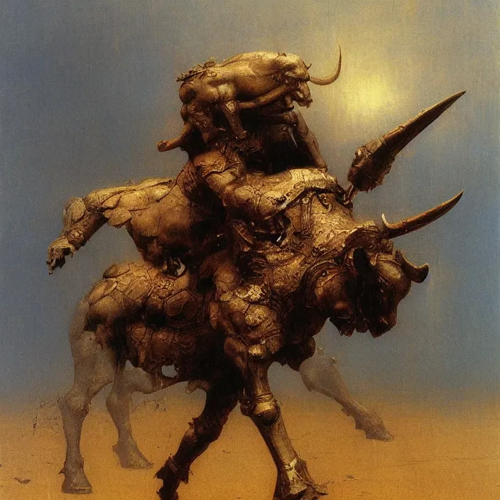 Image similar to minotaur in ancient armor, beksinski, ruan jia