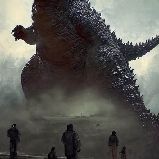 Image similar to front portrait of godzilla 2 0 1 4 by greg rutkowski, movie art