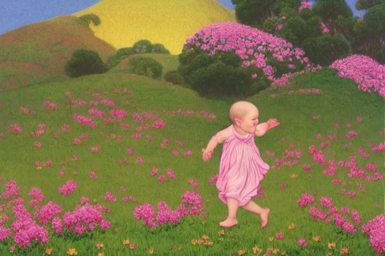 Prompt: a staffordshire terrier in a pink baby dress running through a field of flowers, in the style of maxfield parrish