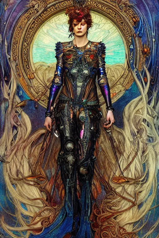 Image similar to gutterpunk goddess , by Annie Swynnerton and jean delville and Gaston Bussière and Tino Rodriguez, black leather and embroidered velvet, iridescent beetles, rich color, dramatic cinematic lighting, extremely detailed