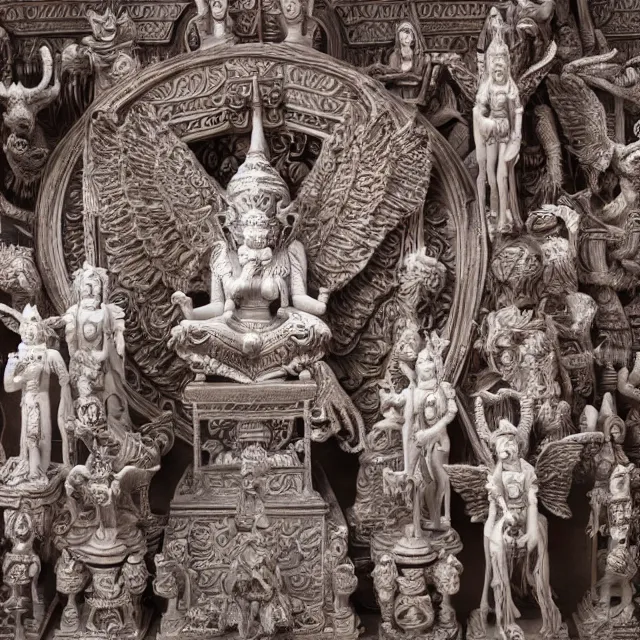 Image similar to blood temple, hindu ornaments, baphomet statue at the center surrounded by angel statues, movie film still, highly detailed, symmetry, award - winning photography, 1 2 0 mm