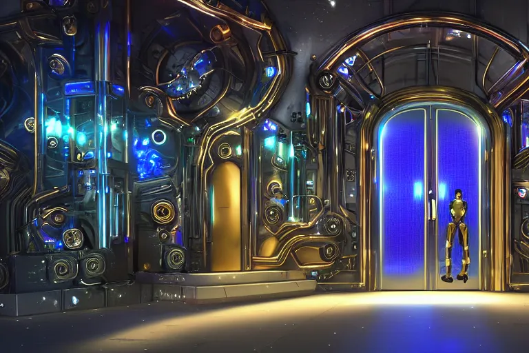 Prompt: entrance door to a futuristic nightclub, in front of the door are 7 golden and blue metal humanoid steampunk robots wearing and gears and tubes, eyes are glowing red lightbulbs, shiny crisp finish, 3 d render, 8 k, insaneley detailed, fluorescent colors, background is back yrad of a nightclub, nightlight