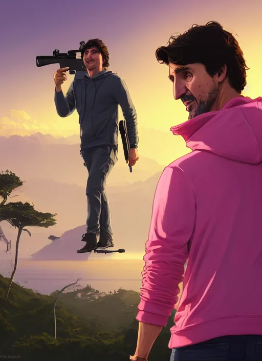 Image similar to highly detailed portrait justin trudeau in ( ( pink hoody ) ) holding ar - 1 5! ( setting costa rica ) in gta v stephen bliss unreal engine fantasy art by greg rutkowski loish rhads ferdinand knab makoto shinkai lois van baarle ilya kuvshinov rossdraws tom bagshaw global illumination radiant light detailed intricate environment