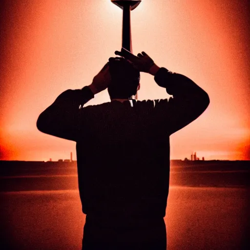 Prompt: man with mars for head in front of Toronto space needle, dramatic epic cinematic lighting, maple leaves and daggers background