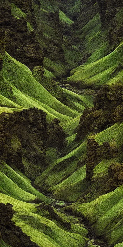 Image similar to dream looking through a hyper realistic photograph of a fertile lush canyon, minimal structure, misty, raining, icelandic valley, small stream, in the style of reuben wu, roger deakins