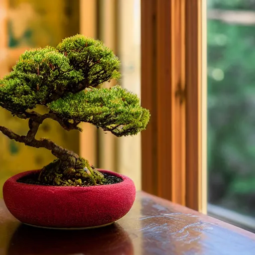 Image similar to a small kokedama on a plate in a kitchen next to a window, a small red momiji bonsai is growing from the top of the kokedama, beautiful lighting, cinematic, high detail,