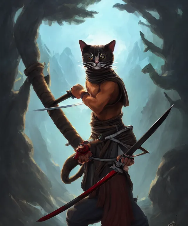 Prompt: anthropomorphic cat ninja, ninja outfit, holding a katana, standing in a beautiful landscape, cute and adorable, dnd character art portrait, matte fantasy painting, deviantart artstation, by jason felix by steve argyle by tyler jacobson by peter mohrbacher, cinematic lighting