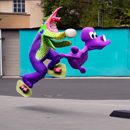 Image similar to photo of barney the dinosaur skateboarding