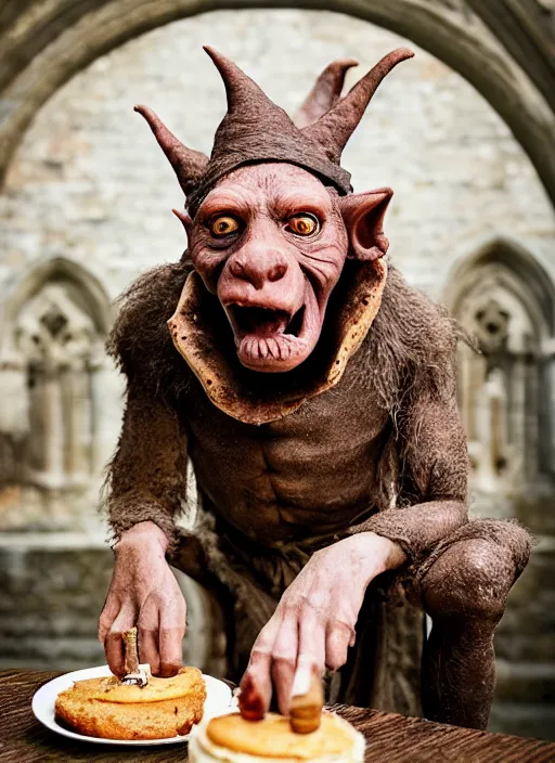 Image similar to closeup portrait of a medieval goblin eating cakes in the cloisters, depth of field, zeiss lens, detailed, symmetrical, centered, fashion photoshoot, by annie leibovitz and steve mccurry, david lazar, jimmy nelsson, breathtaking, 8 k resolution, extremely detailed, beautiful, establishing shot, artistic, hyperrealistic, beautiful face, octane render