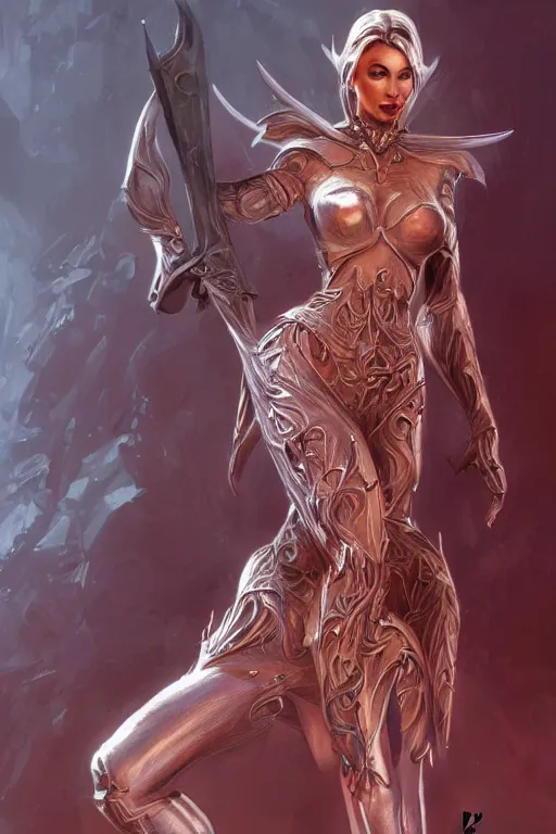 Image similar to three-quarters pose of a beautiful woman, slim body, shining armor, elf warrior, fantasy, intricate, elegant, highly detailed, digital painting, artstation, concept art, matte, sharp focus, illustration, art by Artgerm and Peter Andrew Jones