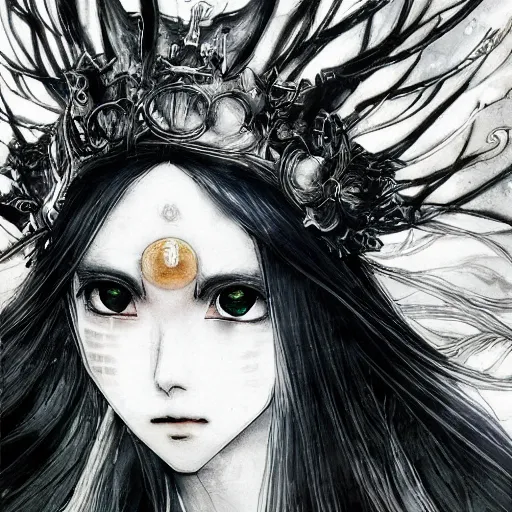 Image similar to yoshitaka amano blurred and dreamy illustration of an anime girl with black eyes, wavy white hair and crown on her head wearing elden ring armor with the cape fluttering in the wind, abstract black and white patterns on the background, noisy film grain effect, highly detailed, renaissance oil painting, weird portrait angle