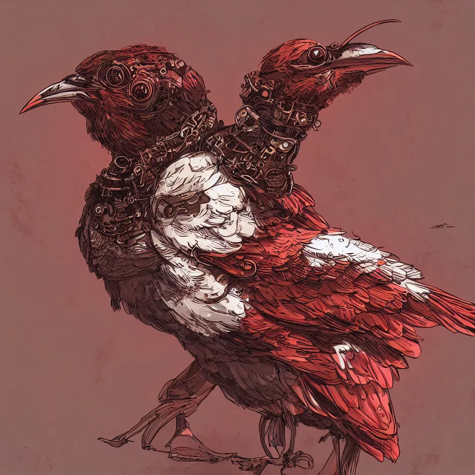 Prompt: a detailed concept art steampunk of a bust bird, gradient dark red, cream and white color scheme, dynamic lighting, cinematic, epic composition, masterpiece