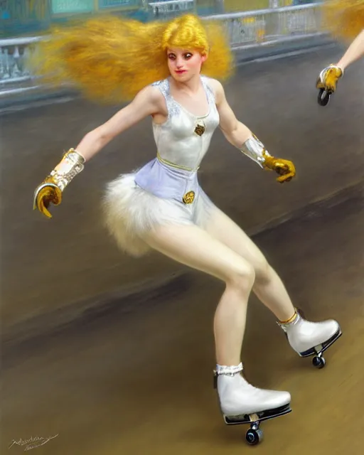 Image similar to white female anthro wolf skating at a roller derby, 4 k, furaffinity, trending on artstation, energetic, speed, motion blur, by gaston bussiere, sakimichan, j. c. leyendecker, gustav klimt, artgerm, greg rutkowski, alphonse mucha