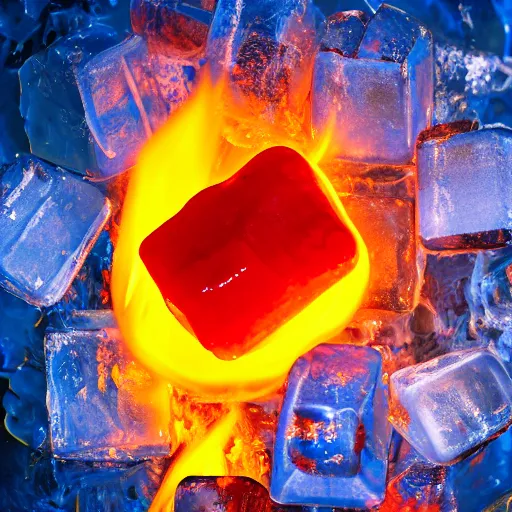 Image similar to High definition professional photography of an ice cube that is on fire, 8k, studio lighting