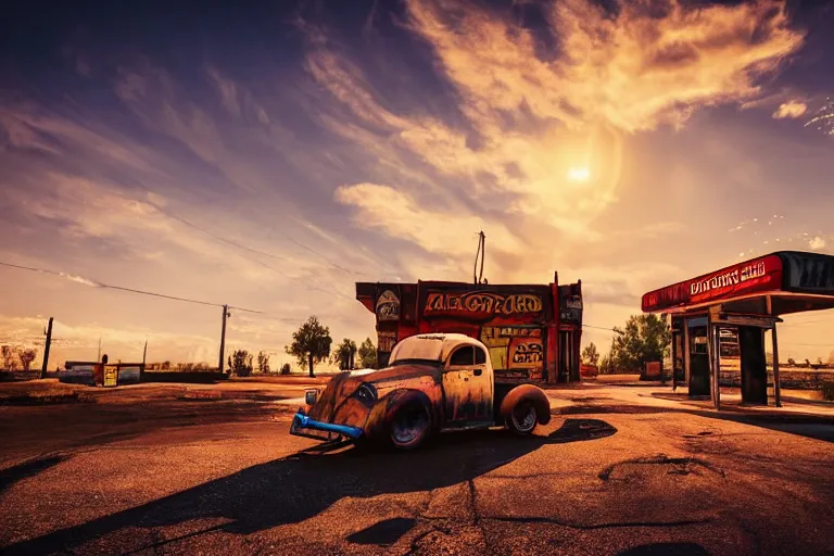 Image similar to a sunset light landscape with historical route 6 6, lots of sparkling details and sun ray ’ s, blinding backlight, smoke, volumetric lighting, colorful, octane, 3 5 mm, abandoned gas station, old rusty pickup - truck, beautiful epic colored reflections, very colorful heavenly, softlight