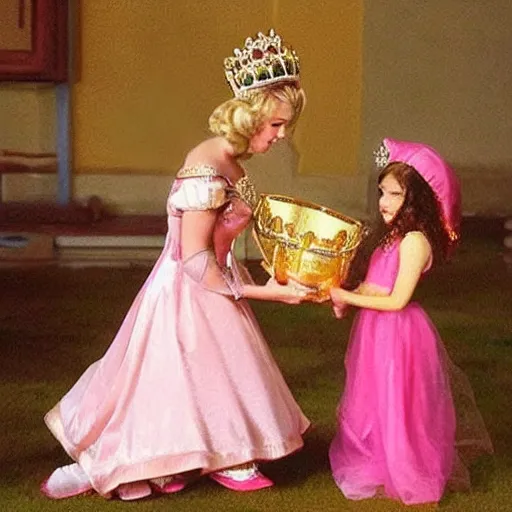 Image similar to young girl crowned princess peach from mario of the roman empire