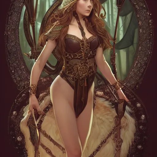 Image similar to Elizabeth Olsen as a elf archer, cute, fantasy, intricate, elegant, highly detailed, centered, digital painting, artstation, concept art, smooth, sharp focus, illustration, art by artgerm and H R Giger and alphonse mucha