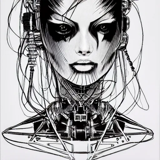 Image similar to punk robot girl, face portrait by makoto kobayashi and nihei tsutomu, pen sketch on paper, mechanical, cables