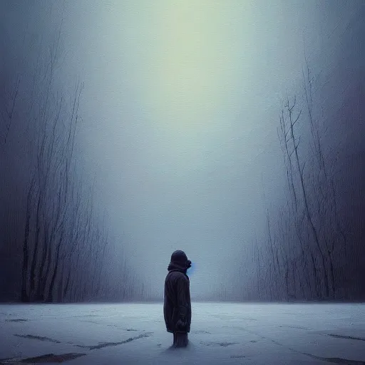 Image similar to a painting of a person standing in the snow, a surrealist painting by zdzisław beksinski and by alena aenami, deviantart, nuclear art, dystopian art, apocalypse landscape, surrealist