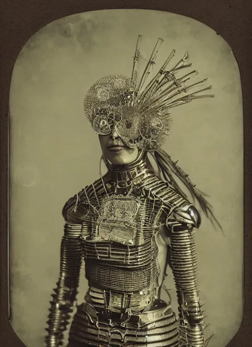 Image similar to old wetplate daguerreotype frame portrait of a futuristic silver armored geisha district 9 cyborg, fractal, intricate, elegant, highly detailed, subsurface scattering, by jheronimus bosch and greg rutkowski and louis jacques mande daguerre