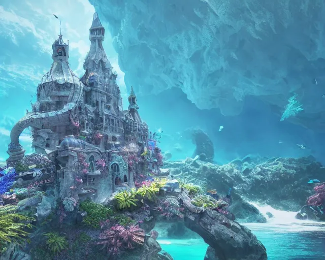 Image similar to an underwater kingdom, castle, Alantis. intricate artwork by Tooth Wu and wlop and beeple. octane render, hyper realism, 8k
