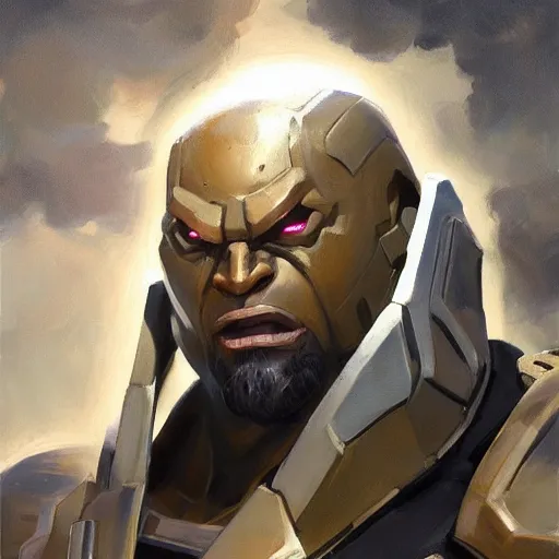 Image similar to greg manchess portrait painting of fully armored the foundation aka dwayne the rock from fortnite as overwatch character, medium shot, asymmetrical, profile picture, organic painting, sunny day, matte painting, bold shapes, hard edges, street art, trending on artstation, by huang guangjian, gil elvgren, ruan jia, greg rutkowski, gaston bussiere