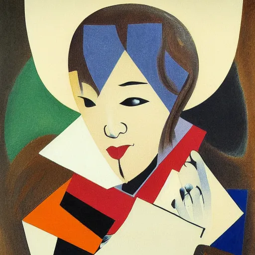 Prompt: a woman from japan in a scarf with a latte, cubist painting