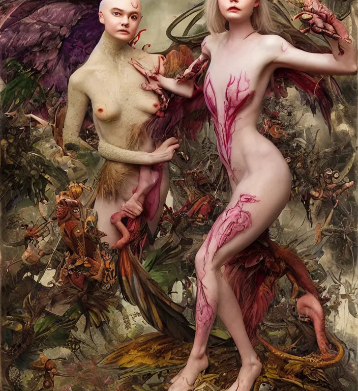 Image similar to a portrait photograph of a bald strong elle fanning as a colorful harpy super hero with slimy scaled skin. she is trying on a amphibian organic dress and transforming into a feathered beast. by tom bagshaw, donato giancola, hans holbein, walton ford, gaston bussiere, peter mohrbacher and brian froud. 8 k, cgsociety