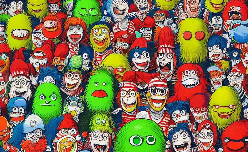 Image similar to a where waldo tennis ball monsters, colorful, digital art, fantasy, magic, chalk, trending on artstation, ultra detailed, professional illustration by basil gogos