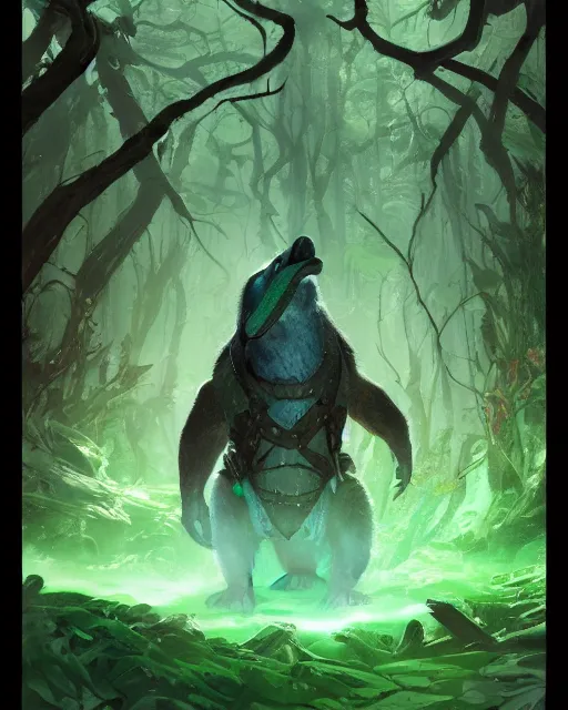 Image similar to Platypus rogue, green, forest background, magic the gathering artwork, D&D, fantasy, cinematic lighting, centered, symmetrical, highly detailed, digital painting, artstation, concept art, smooth, sharp focus, illustration, volumetric lighting, epic Composition, 8k, art by Akihiko Yoshida and Greg Rutkowski and Craig Mullins, oil painting, cgsociety