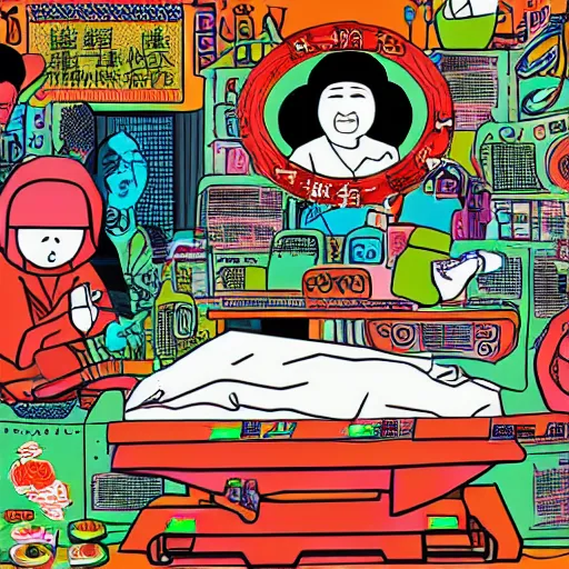 Image similar to chinese surgery operating table, in the style of daniel johnston and outsider art, 8k, line brush, overlaid with chinese adverts