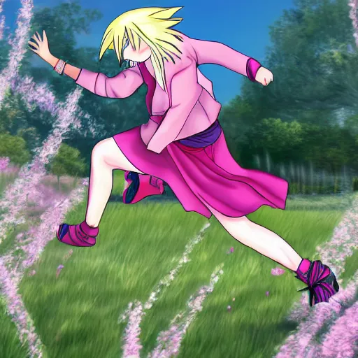 Prompt: Sakura Haruno running through a field barefoot, digital art.