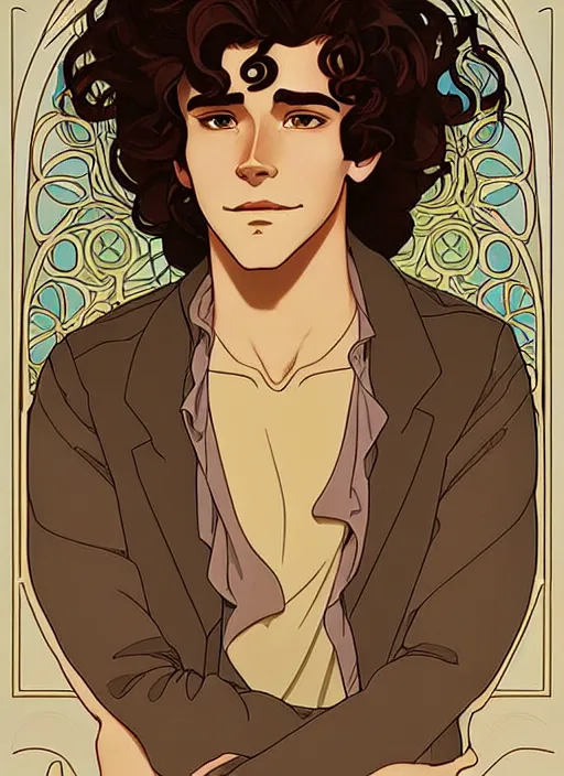 Image similar to well - lit art nouveau portrait of a young man with curly brown hair, brown eyes, annoyed facial expression, casual clothes, natural lighting, path traced, highly detailed, high quality, cartoon, digital painting, by don bluth and ross tran and studio ghibli and alphonse mucha