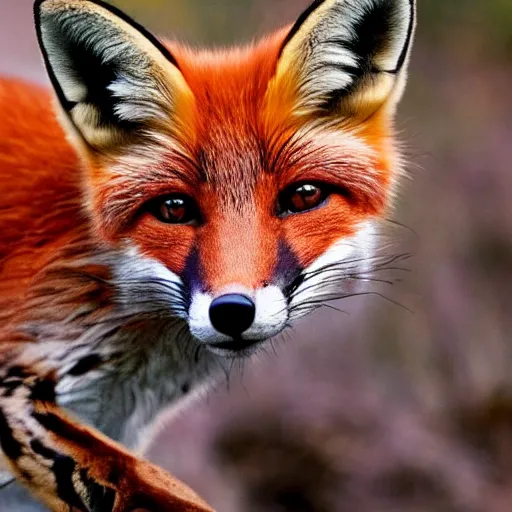 Prompt: a photograph of a fox and ocelot hybrid animal