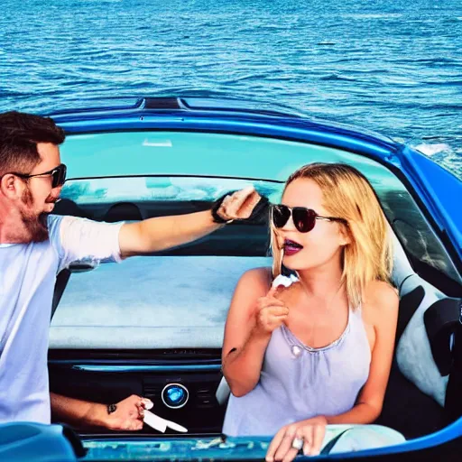 Prompt: a couple smoking a joint by the sea inside a blue BMW with a teenager in the backseat