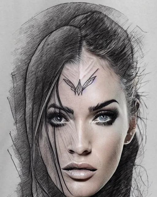 Prompt: double exposure effect tattoo sketch of a megan fox portrait blended with beautiful mountain scenery, surreal, in the style of matteo pasqualin, amazing detail, sharp