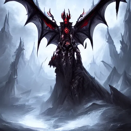 Image similar to dark fantasy concept of a vampire dragon god, with dark matter and molten armor on a mountain, cinematic, dynamic lighting, photorealistic, ultra detailed, trending on art station, stunning visuals, creative, hyper detailed