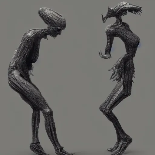 Prompt: Two elegant humanoid creatures, stuck back to back, fused at the shoulders dancing on their pointy limbs. Award-winning digital art, trending on ArtStation