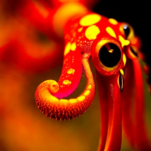 Image similar to fiery whimsical emotional eyes cephalopod, in a photorealistic macro photograph with shallow dof