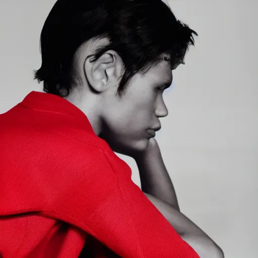 Prompt: close up of fashion model sitting on red chair, official jil sander editorial