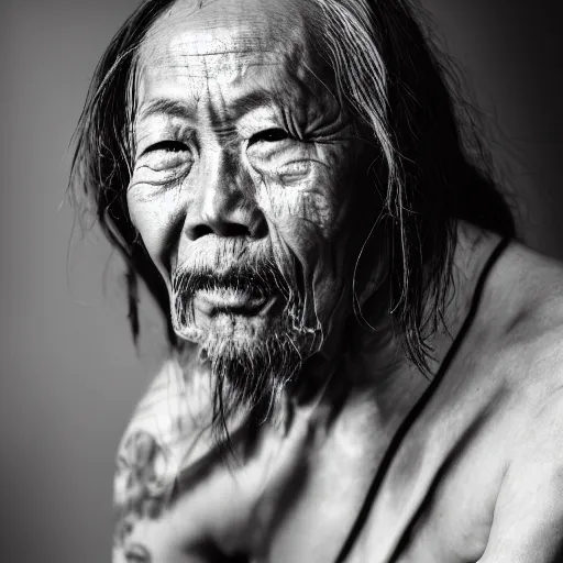 Prompt: black and white old photo of a hippie Chinese man, portrait, high detail, earrings, tattoos