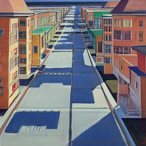 Image similar to “Wayne thiebaud painting of streets and houses”